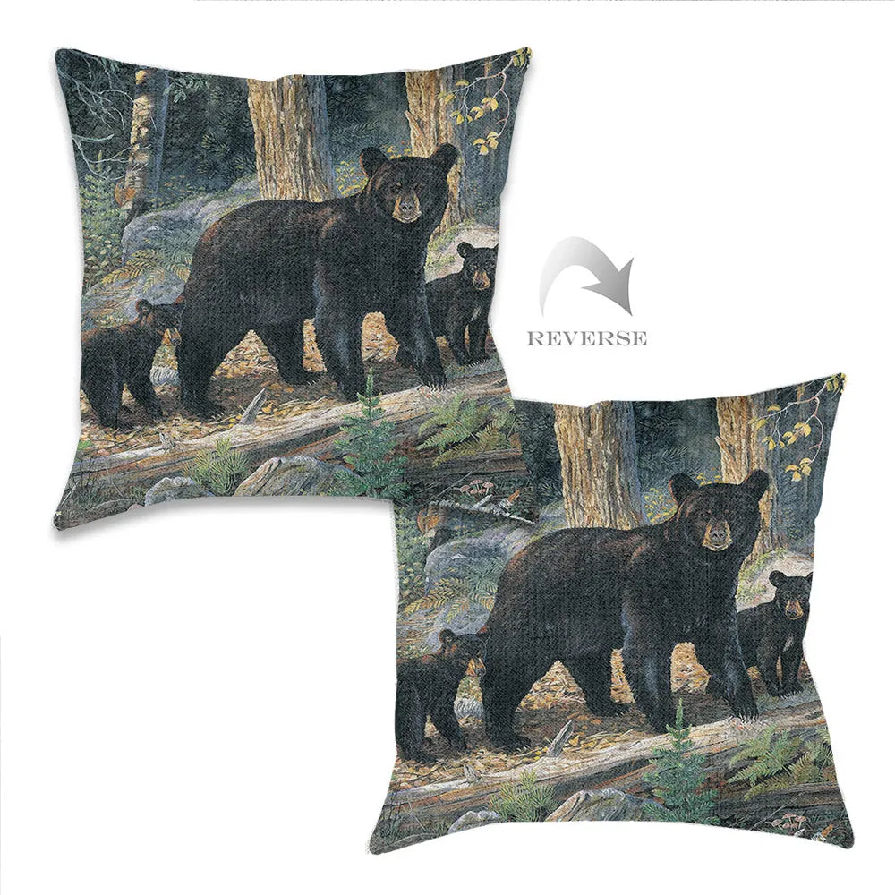 Black Bear Family Indoor Woven Decorative Pillow