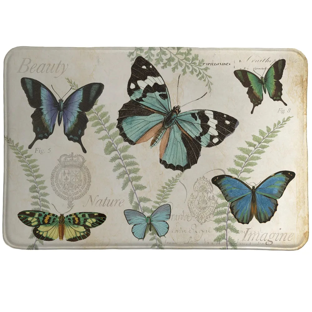 Flutters and Ferns is decorated with a flurry of blue-winged butterflies, on a background accented with greenery.