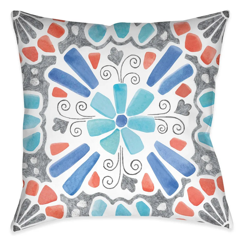 The "Coastal Mosaic III Outdoor Decorative Pillow" features a modern must-have mosaic design. The eclectic balance of coral, aqua and grey colors exposes its artistic rendering giving it a unique flare inspired by traditional mosaic tile designs. 