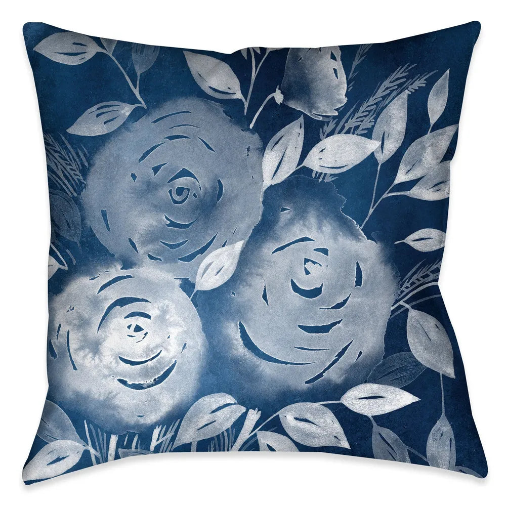 The beautiful display of roses in this indoor decorative pillow expose a pop of contrast against the vibrant indigo-cyanotype ground. 