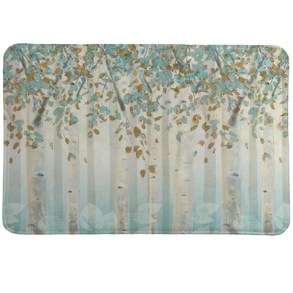 Dream Forest Memory Foam Rug shows a beautiful light blue forest of birch trees.