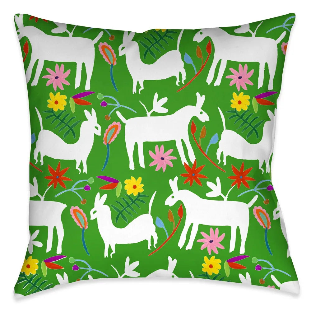 The "Folk Art Whimsy IV" outdoor decorative pillow, celebrates inspired motifs from the Otomi region of Mexico. The pops of color in the floral and lama imagery against the white background enhances the festive traditional aesthetic and vibrancy of these culturally inspired motifs, exposing a sophisticated balance of color and movement that is sure to bring liveliness to any living space!