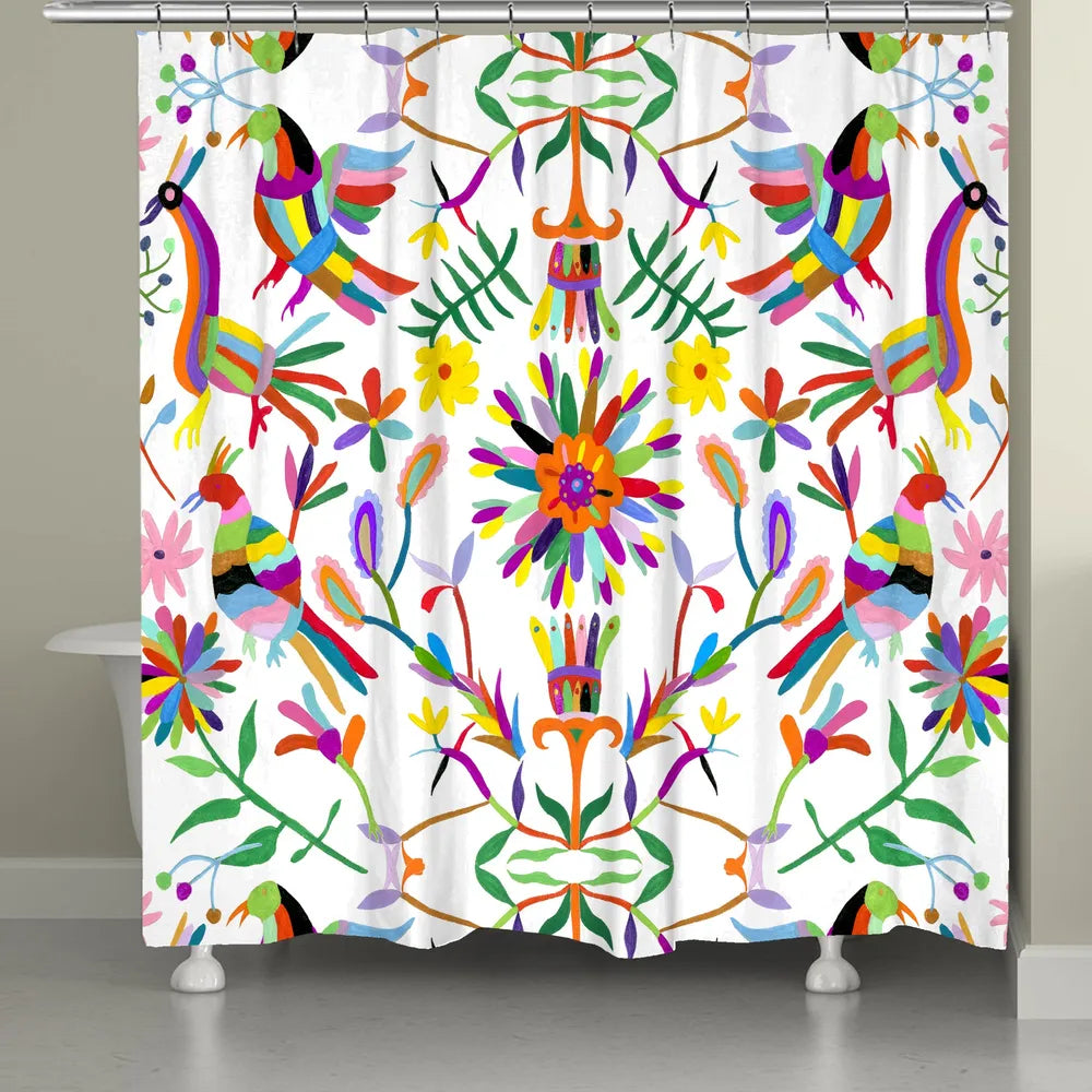 This beautiful folk-art inspired design features inspired traditional floral and animal motifs from the Otomi region. Displayed on an white background, the festive colors pop beautifully exposing a sophisticated balance of color and movement that is sure to bring liveliness to any bathroom space.
