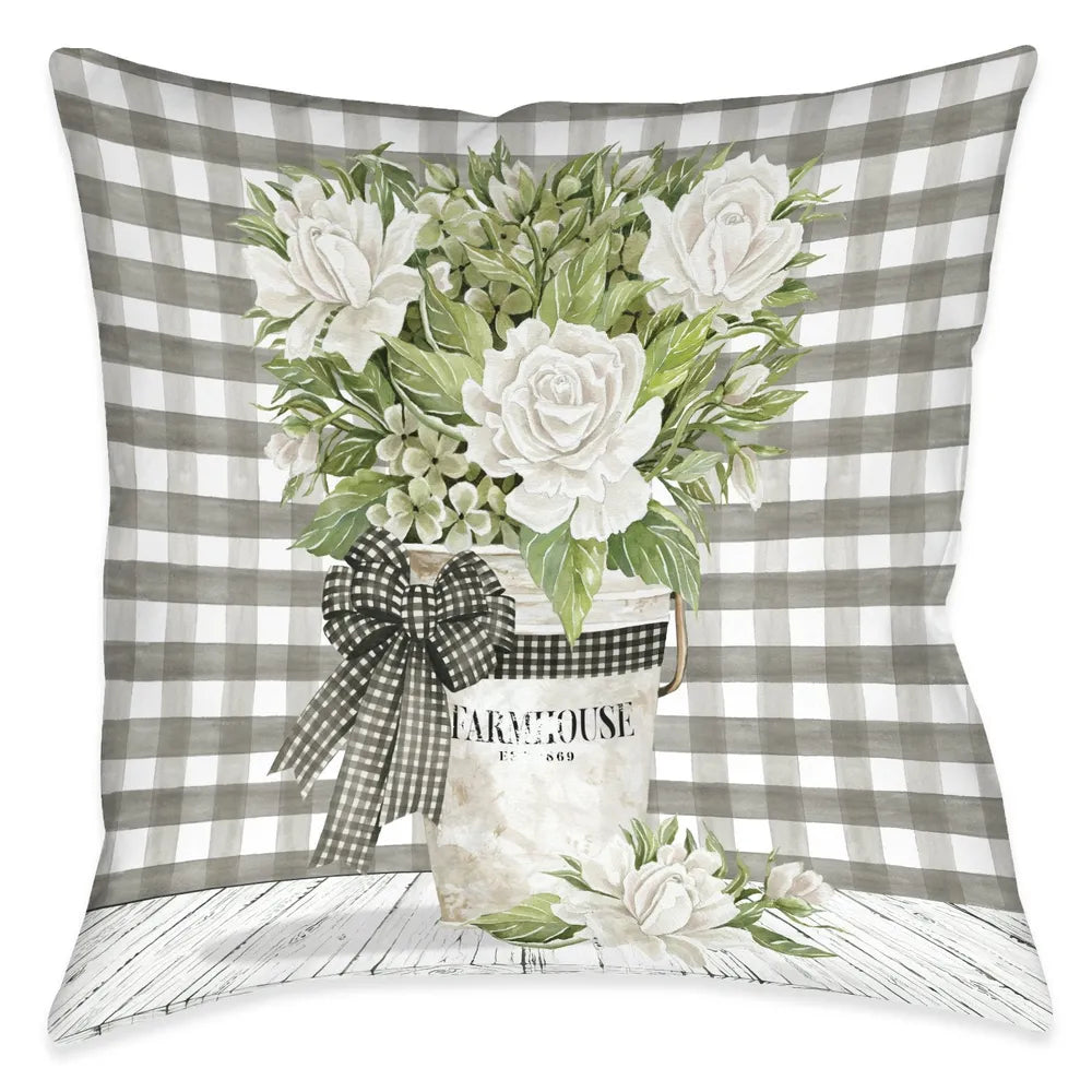 French Country Gingham Roses Outdoor Decorative Pillow