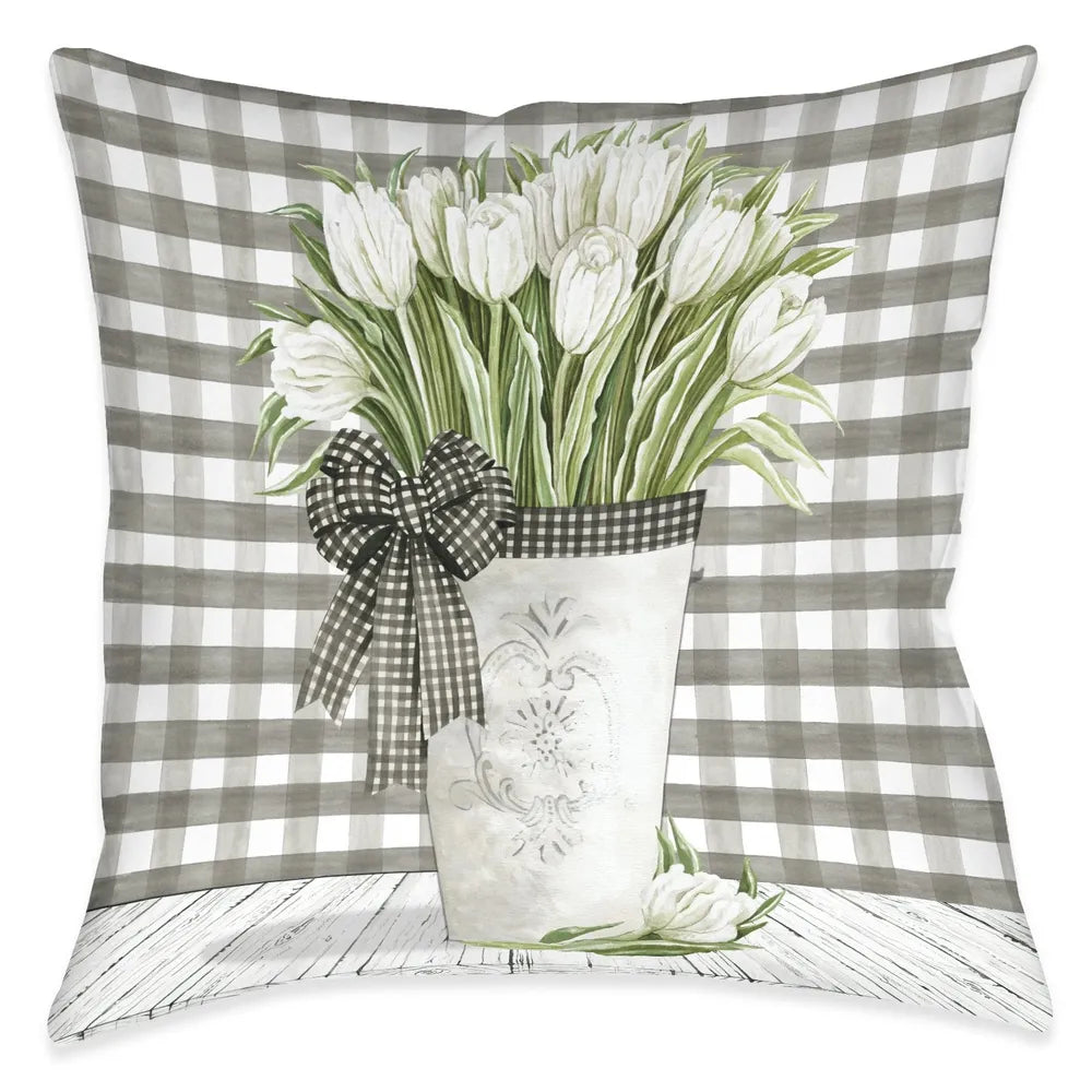 French Country Gingham Tulips Outdoor Decorative Pillow