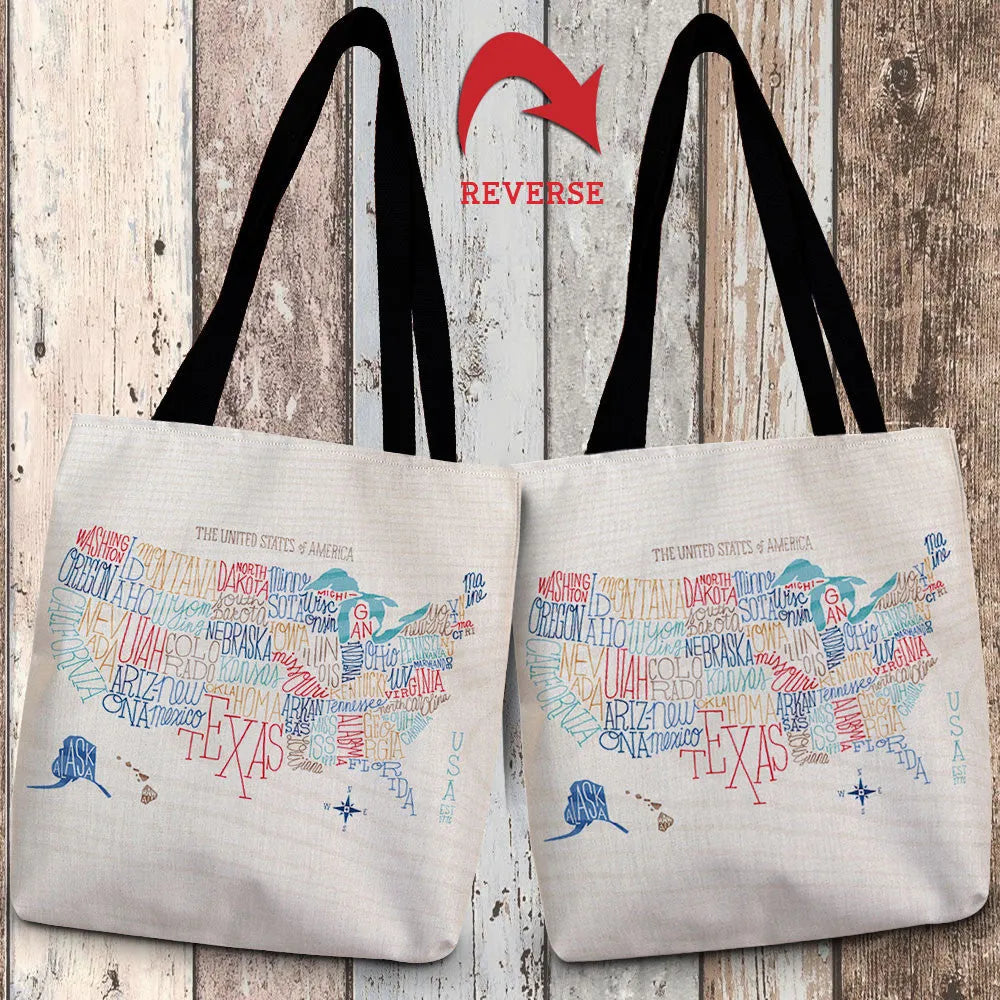 Hand Lettered US Map Color Canvas Tote Bag 