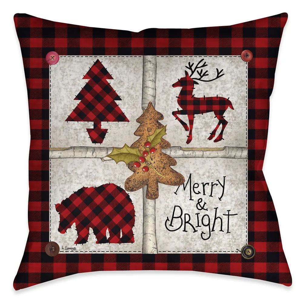Laural Home's "Merry and Bright" accent pillow depicts a collage of a deer, bear, and evergreen tree with a rich red and black plaid background and button accents. This decorative pillow is a simply perfect addition to your seasonal holiday decor.