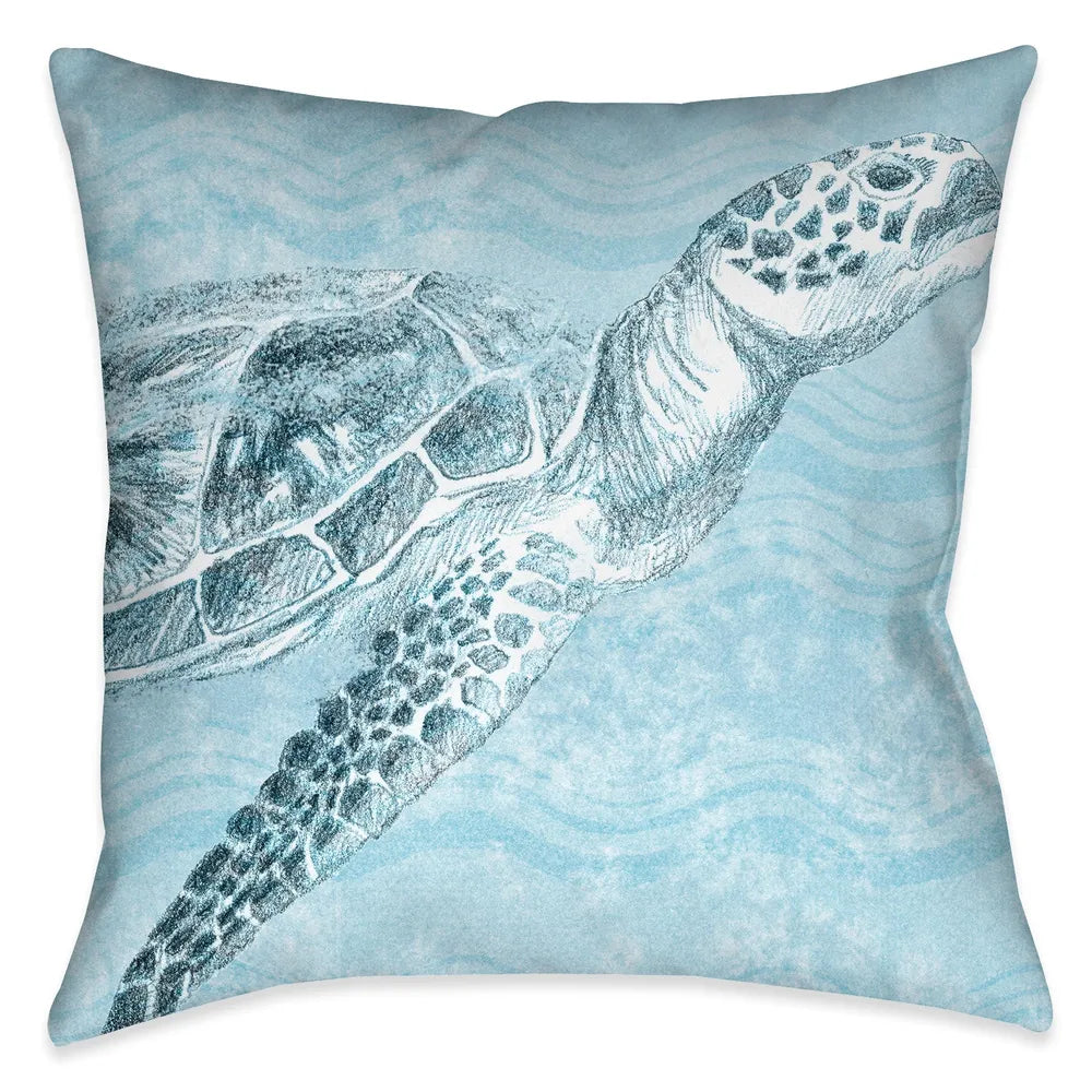 The "Ocean Wave Turtle Indoor Decorative Pillow" features a soft blue textured background with wave imprints complimented with a beautifully rendered coastal turtle. The "Ocean Wave" series features a variety coastal sea-life with this beautiful wave texture background.
