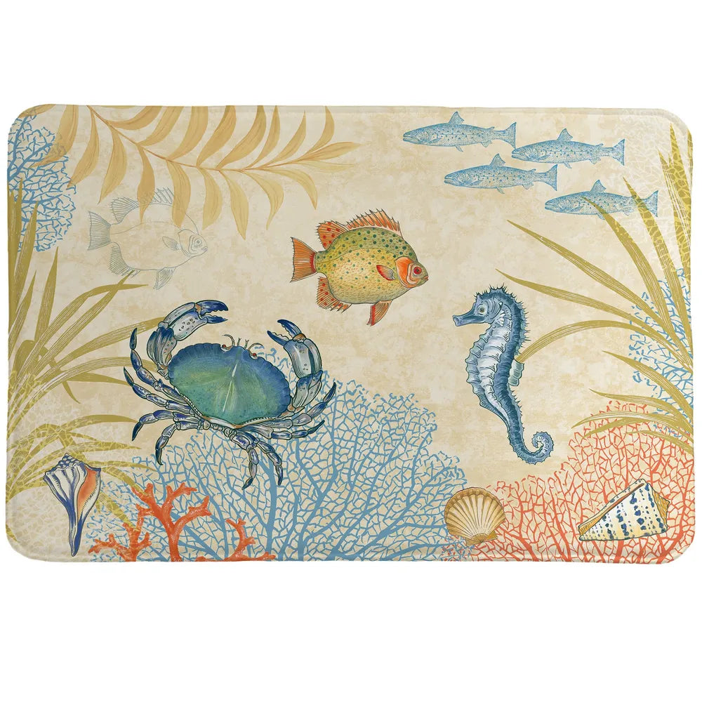 Oceana Memory Foam Rug was created using soft hues of coral and blue to set finely detailed sea crustaceans and plants.