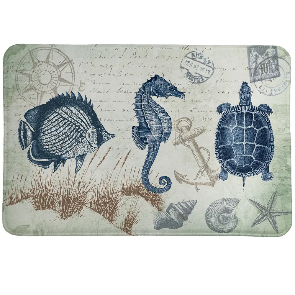 Seaside Postcard Memory Foam Rug is a vintage coastal-themed accent rug featuring navy and and soft green sea creatures and shells.