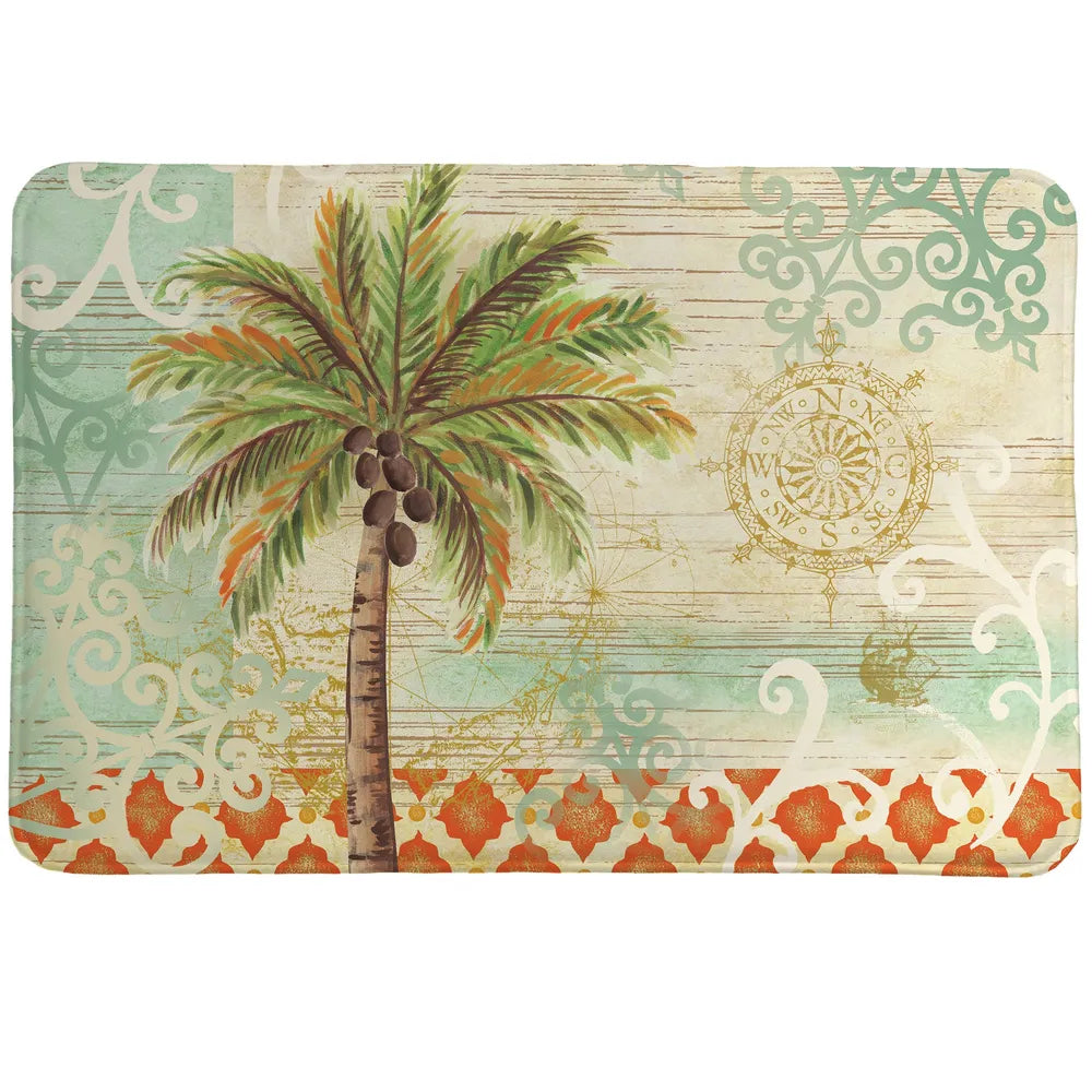 Spice Palm Memory Foam Rug features a palm tree on an ornate coastal-themed background with a stylish coral border.