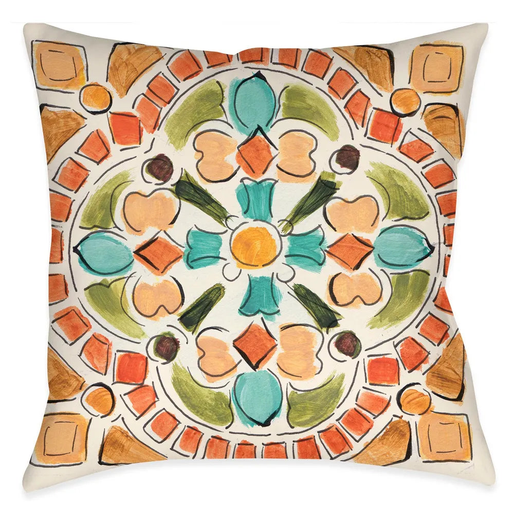 Add this painterly tuscan-tile inspired pillow to your decor for a unique worldly look.