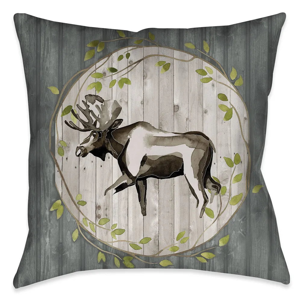 This sophisticated lodge look features a watercolor moose motif with modern design elements over a wooded texture giving it a graphic yet soft appearance. This nature-inspired pillow is sure to suit any one who has a sophisticated appreciation for nature.