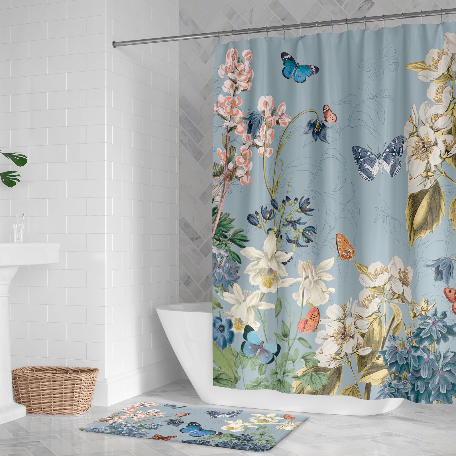 Flutter and Bloom Blue Shower Curtain