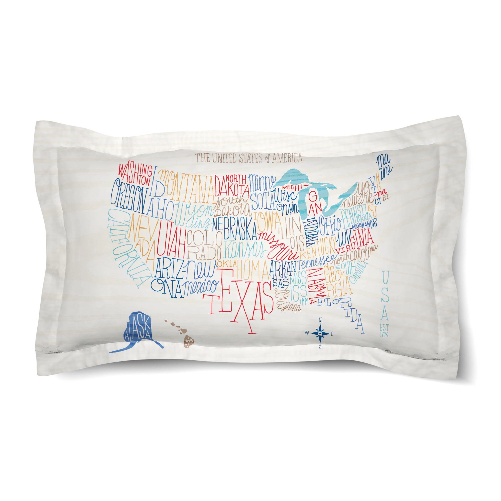 Hand Lettered US Map Color Duvet Sham