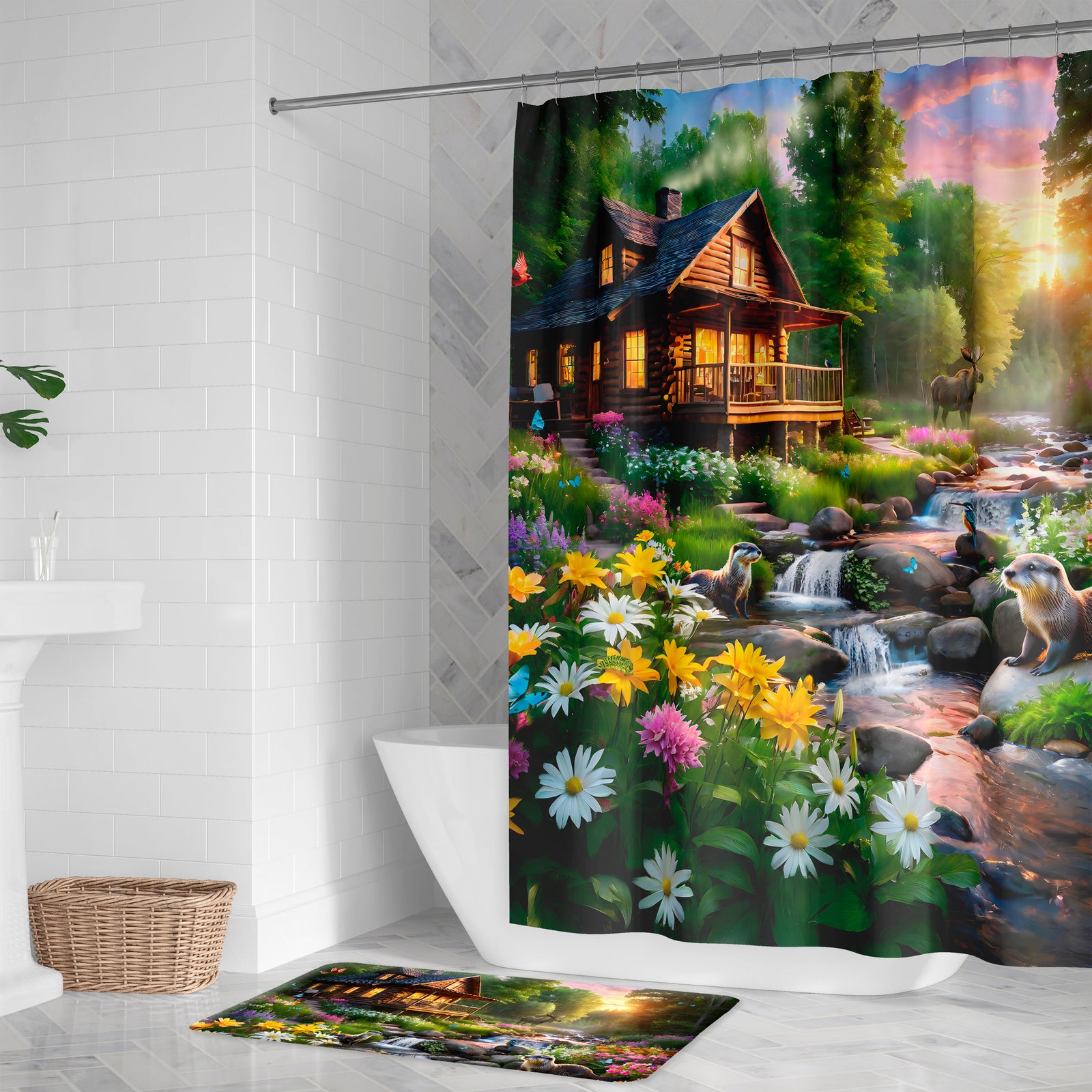 Majestic Cabin on Stream Shower Curtain