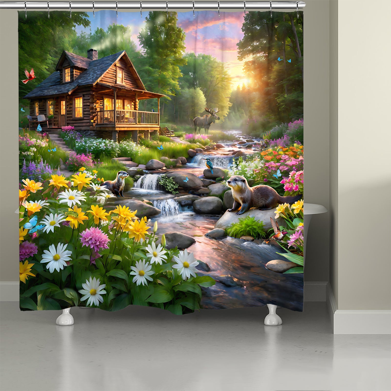Majestic Cabin on Stream Shower Curtain