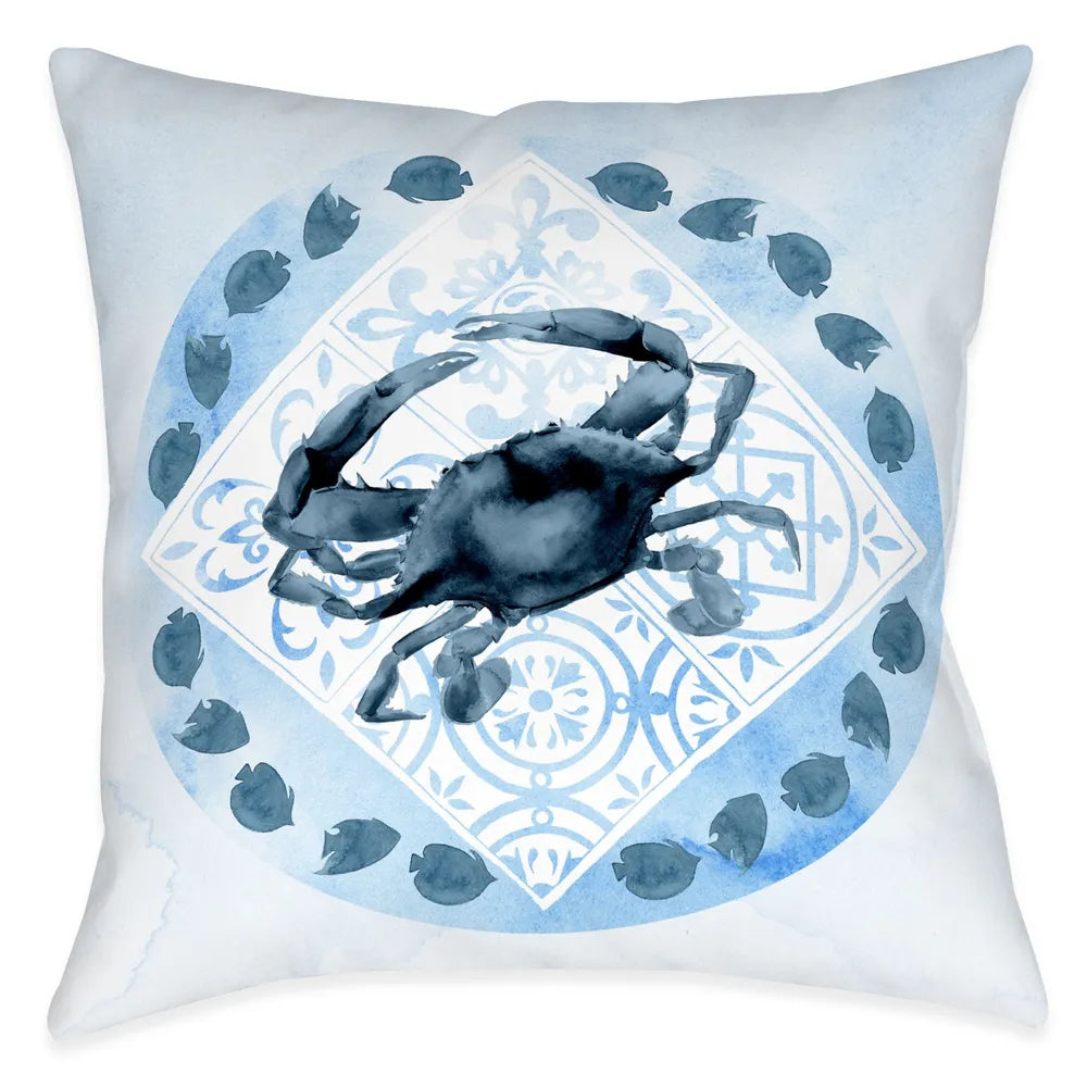 The "Moroccan Marina Indoor Decorative Pillow" features a  indigo, blue tonal mixed print combining beautiful Moroccan inspired mosaics with interlacing coastal scenic motifs. The "Moroccan Marina Crab" indoor pillow features a indigo, blue tonal mixed print combining beautiful Moroccan inspired mosaics with a coastal crab motif.