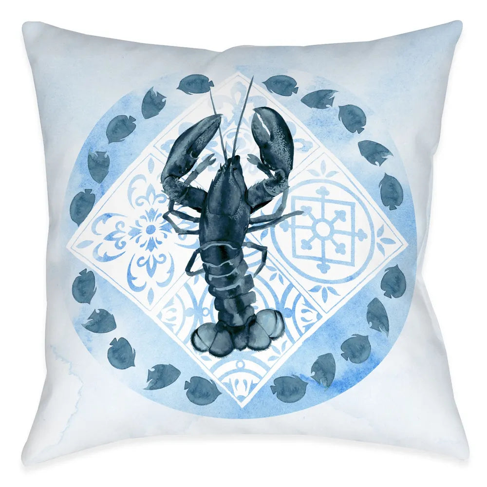 The "Moroccan Marina Lobster" outdoor pillow features a indigo, blue tonal mixed print combining beautiful Moroccan inspired mosaics with a coastal lobster motif.