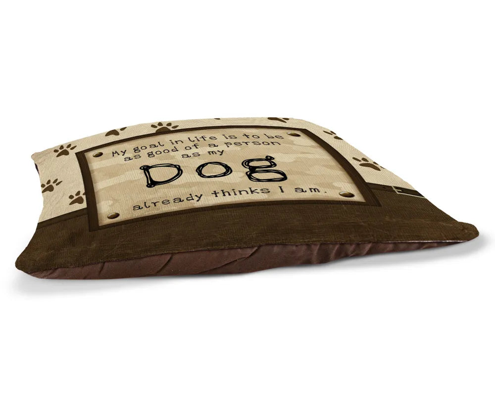 Dog's Opinion 30" x 40" Fleece Dog Bed features a relatable saying for any dog owner amongst paw-prints set in neutral browns.