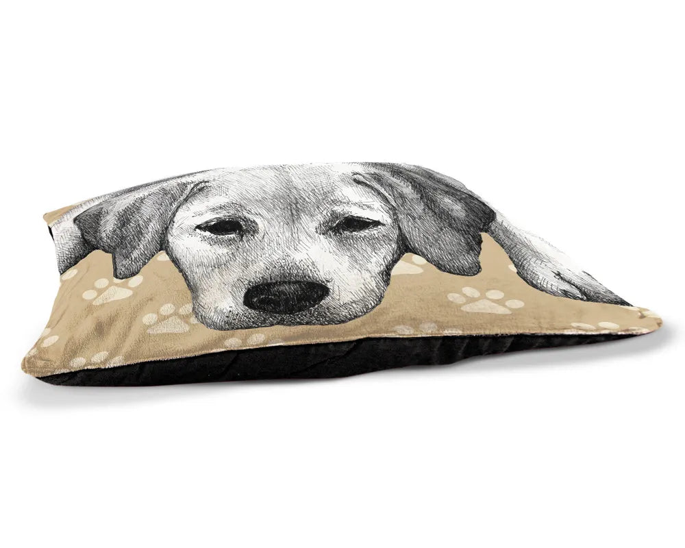 Yellow Lab Sketch 30" x 40" Fleece Dog Bed features a yellow lab resting peacefully before a paw-print backdrop.