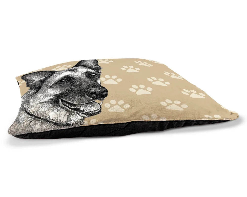 German Shepherd Sketch 30" x 40" Fleece Dog Bed features a German Shepherd resting peacefully before a paw-print backdrop.