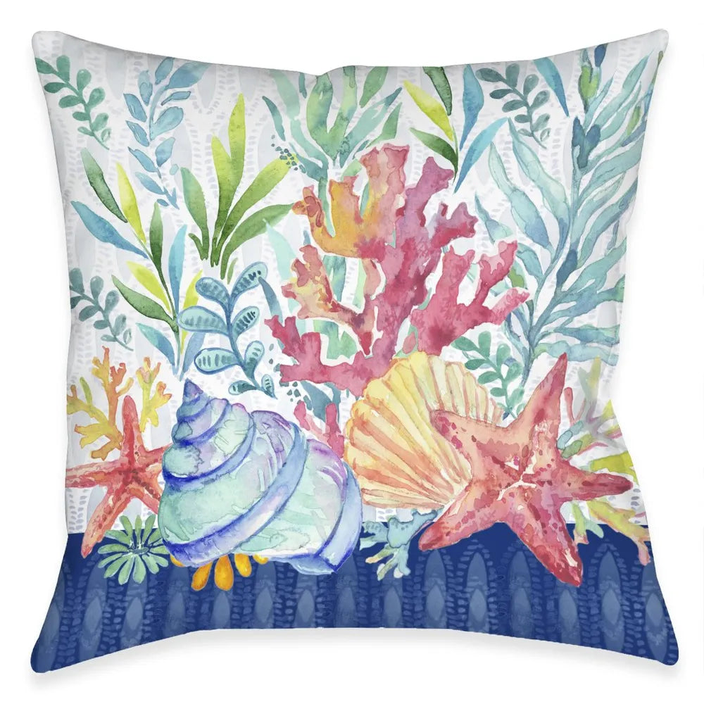 Blue Coastal Coral Outdoor Decorative Pillow
