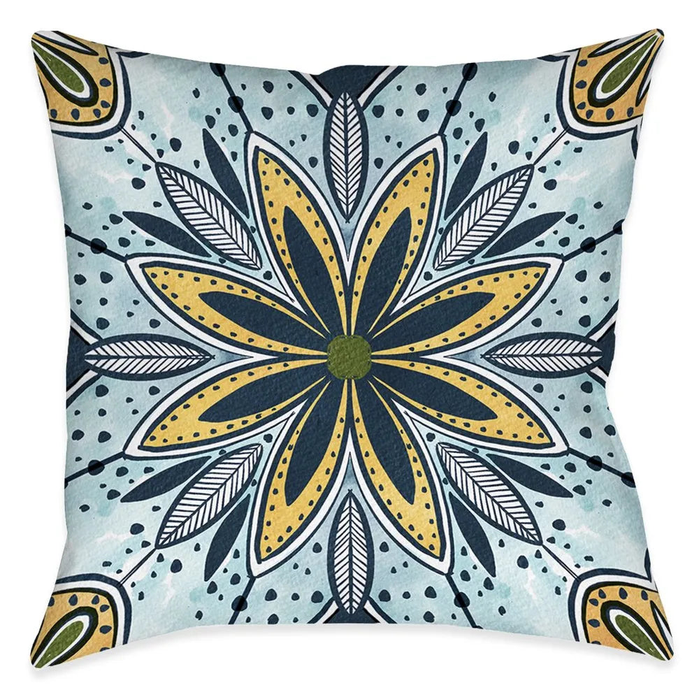 Blue Sunrise Medallion Flower Outdoor Decorative Pillow