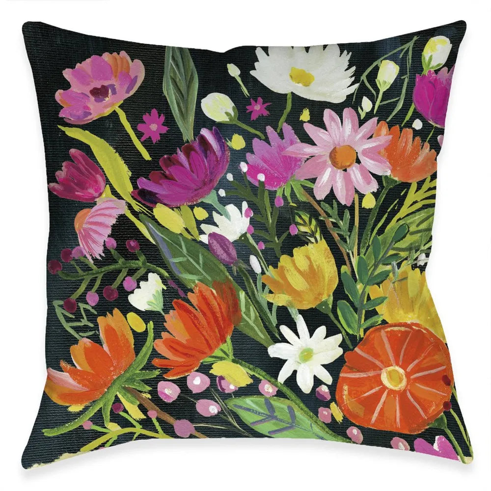 Bright Blossoming Black Florals Outdoor Decorative Pillow