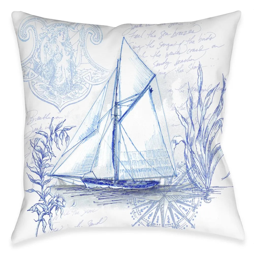 Coastal Sketch Sailboat Outdoor Decorative Pillow