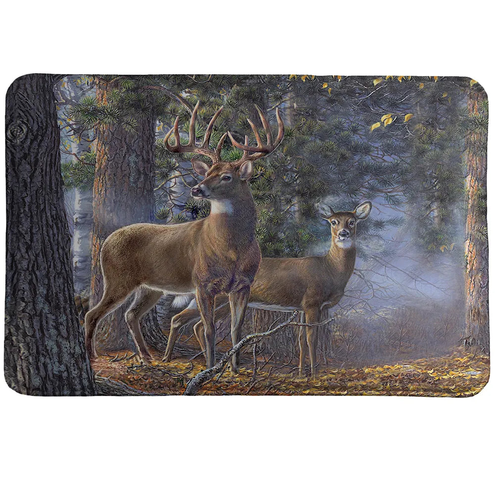 Cold Snap Memory Foam Rug features a photorealistic buck and doe standing side by side in a peaceful forest setting.