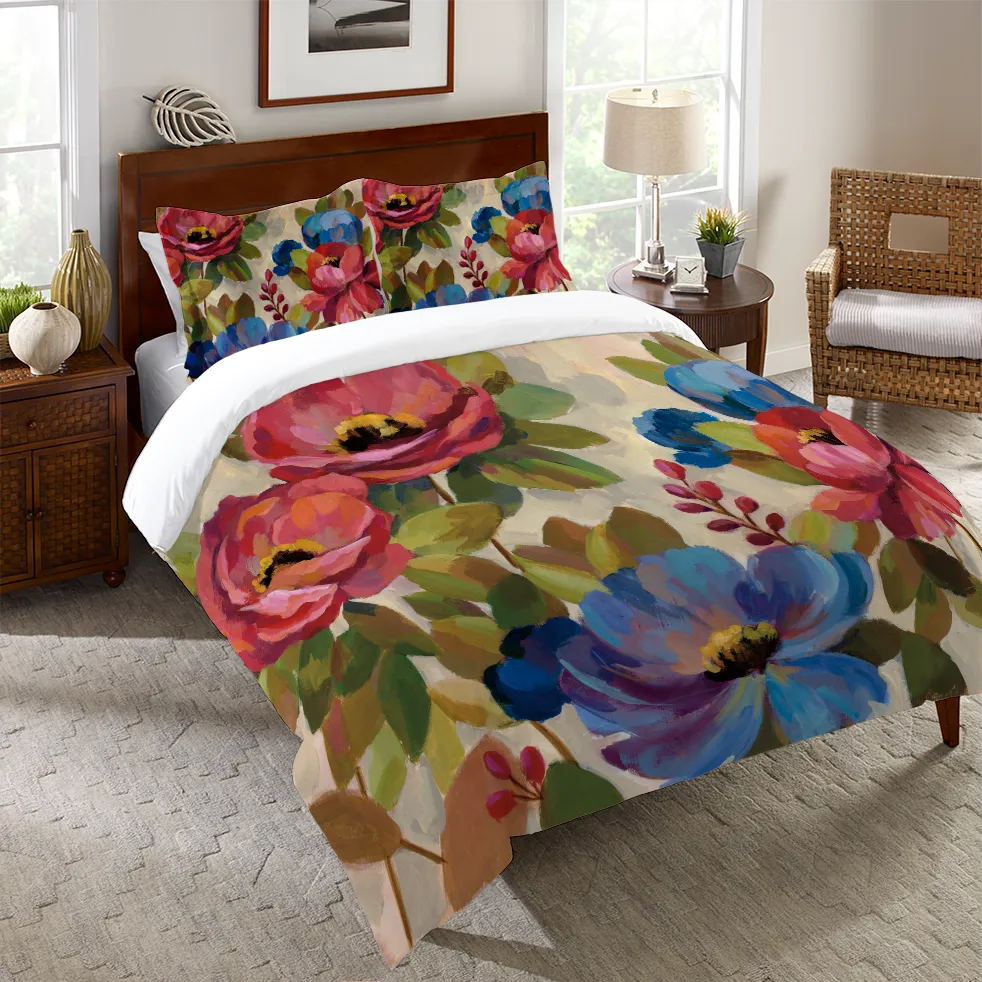 Coral and Blue Flowers Duvet Cover 
