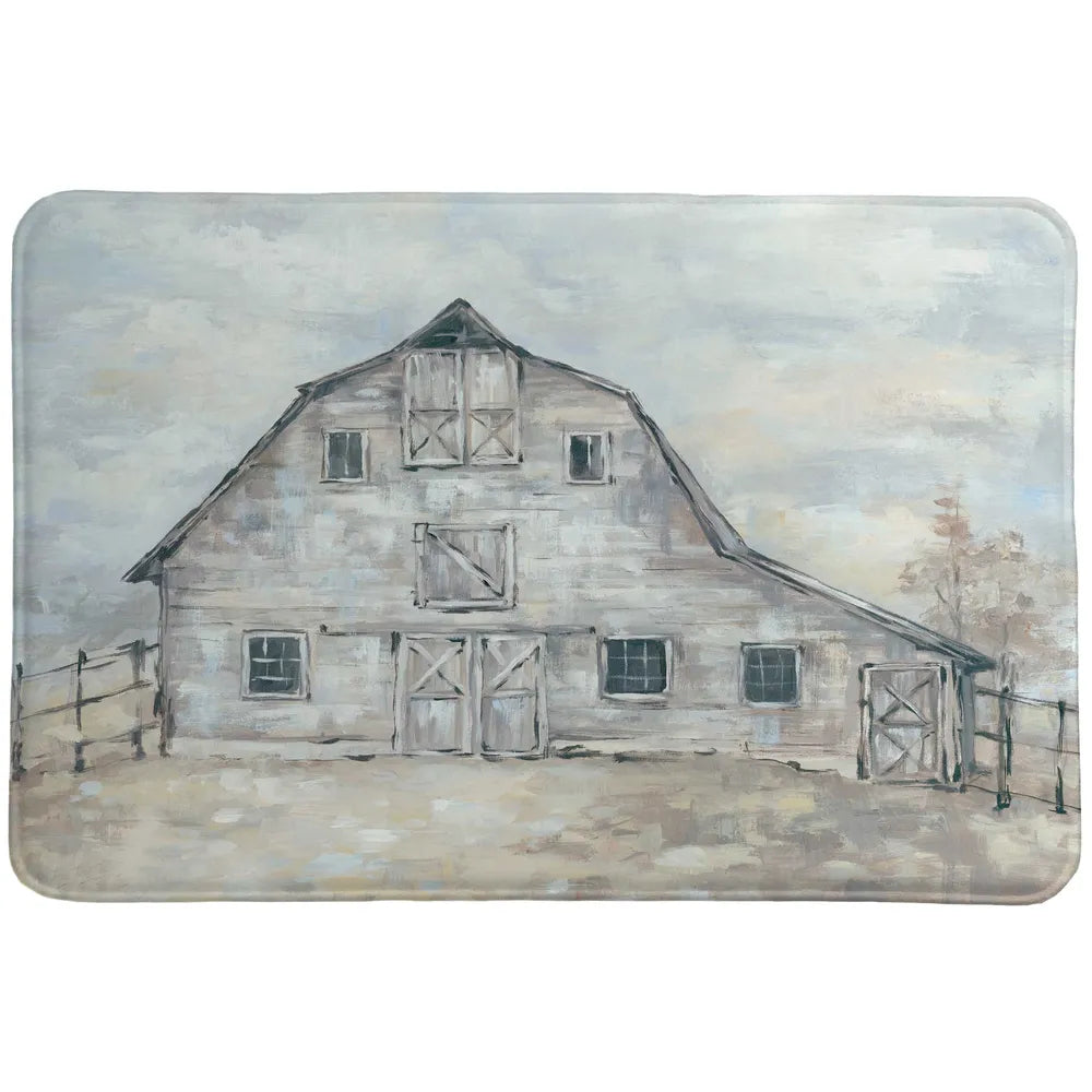 This Vintage Barn memory foam accent rug features a beautiful rustic barn, with a lovely color story of subdued blues and gray colors. This piece will induce feelings of simpler times, perfect for your decor that calls for this charming look.