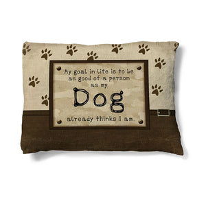 Dog's Opinion 30" x 40" Fleece Dog Bed features a relatable saying for any dog owner amongst paw-prints set in neutral browns.