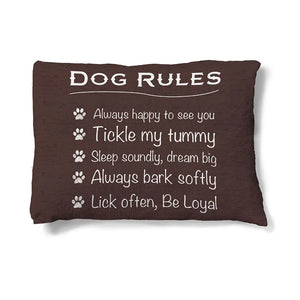 Dog Rules 30" x 40" Fleece Dog Bed features the perfect dog mantra set on a rich brown background.