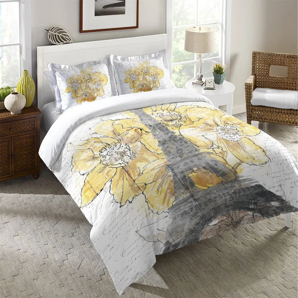 Daffodil Blooms Eiffel Tower Duvet Cover