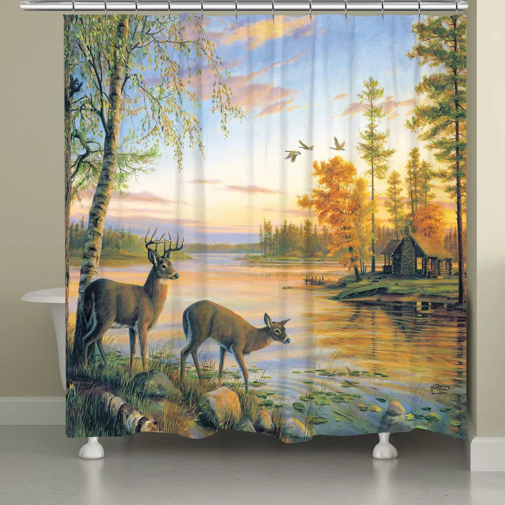 Deer on Sunset Lake Shower Curtain