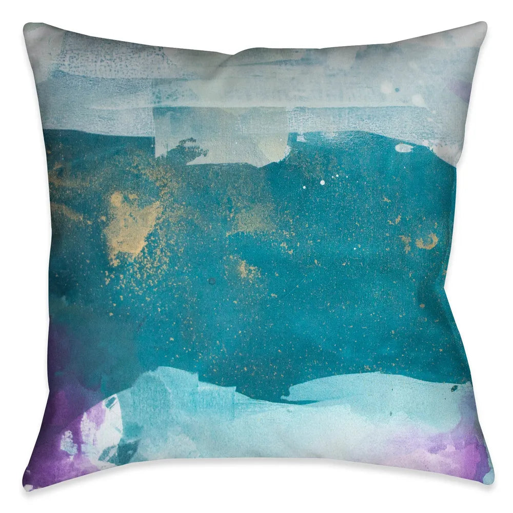 The abstract design on this Indoor Decorative Pillow evokes a unique artistic quality of exquisite strokes of blue, turquoise and purple with gold-like accent colors. 