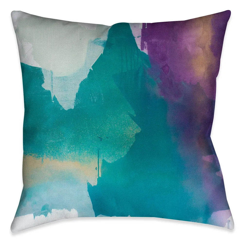 The abstract design on this Indoor Decorative Pillow evokes a unique artistic quality of exquisite strokes of blue, turquoise and purple jewel-tones with gold-like accent colors. 