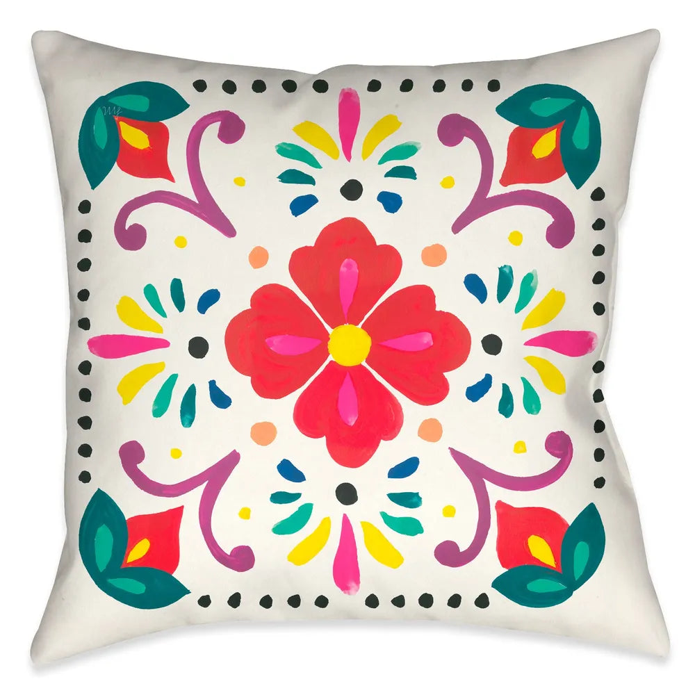 This beautiful modern folk-art inspired decorative pillow, features pops of vibrant colorful flowers against a off-white background.