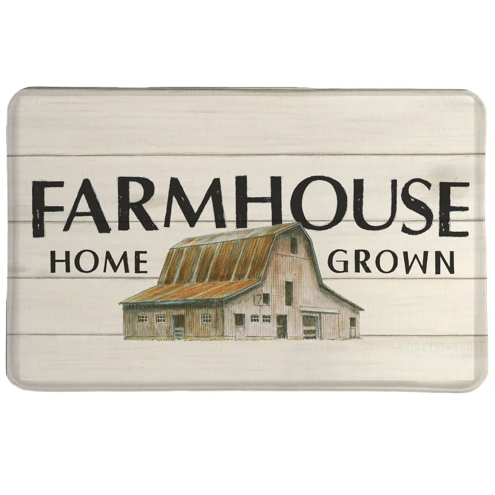 Farm Home Grown Memory Foam Rug portrays an artist painting of a barn over a distressed wood panel background