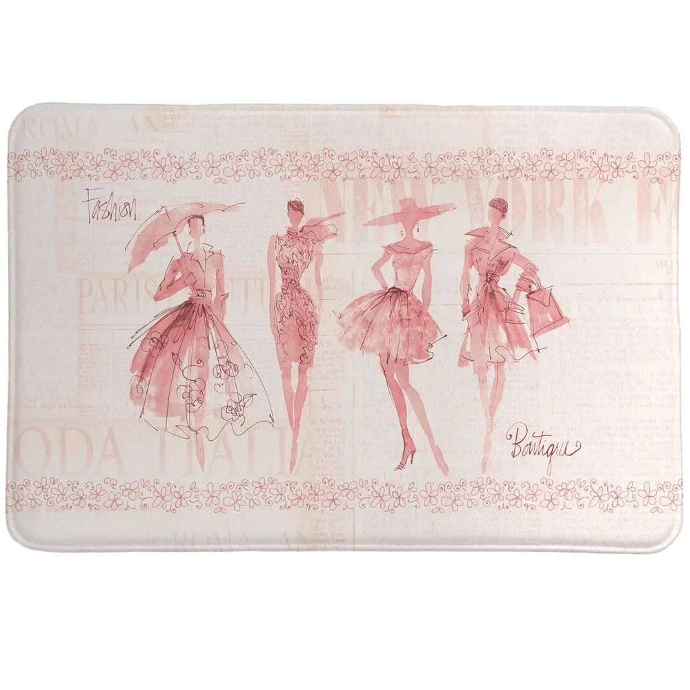 Fashion Sketchbook Pink Memory Foam Rug Watercolor features figures and details are placed over fashion newspaper clippings.