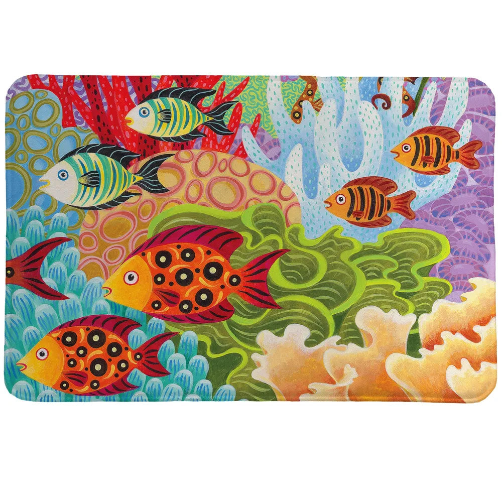 Fish in the Hood Memory Foam Rug uses vivid pinks, blues, greens, and purples to create fish set in a bright underwater scene.