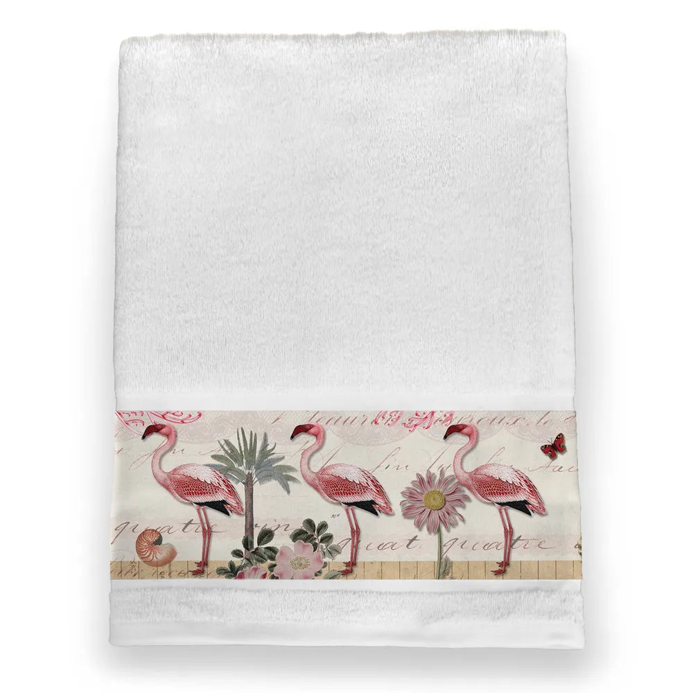 Pretty in Pink Flamingo Bath Towel Set Towel Color is White 