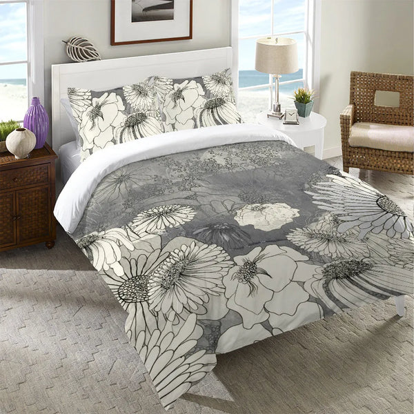 Flowers on Grey Duvet Cover - Laural Home