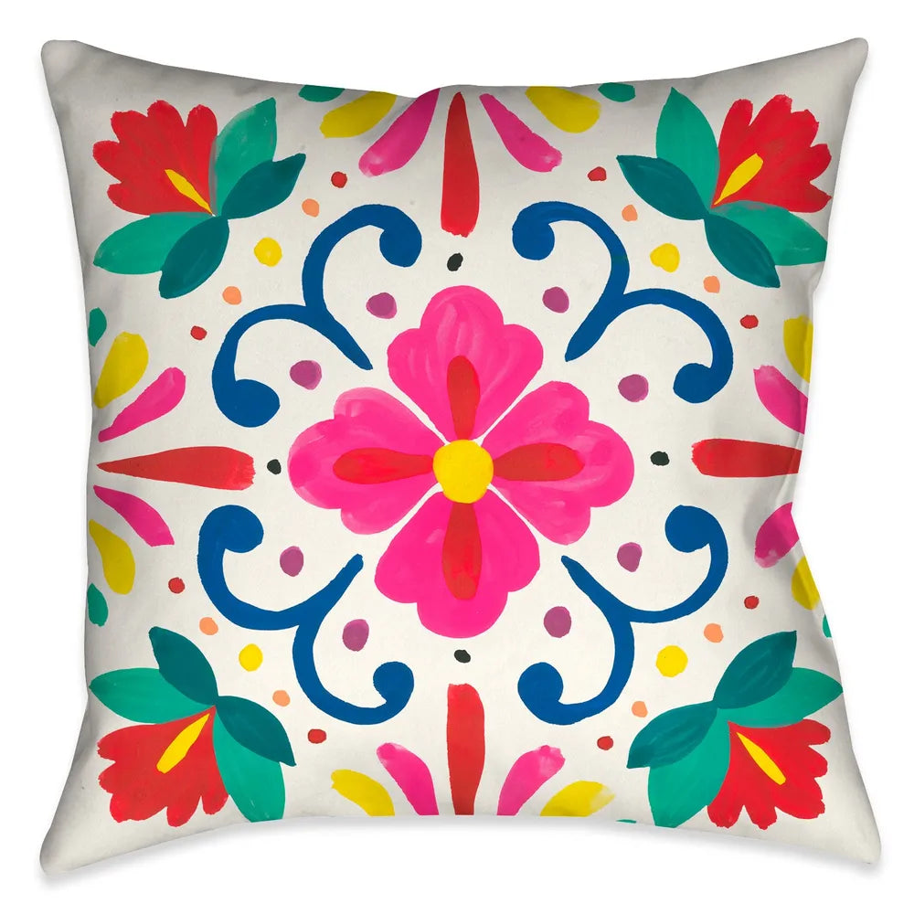 This beautiful modern folk-art inspired decorative pillow, features pops of vibrant colorful flowers against a off-white background. 