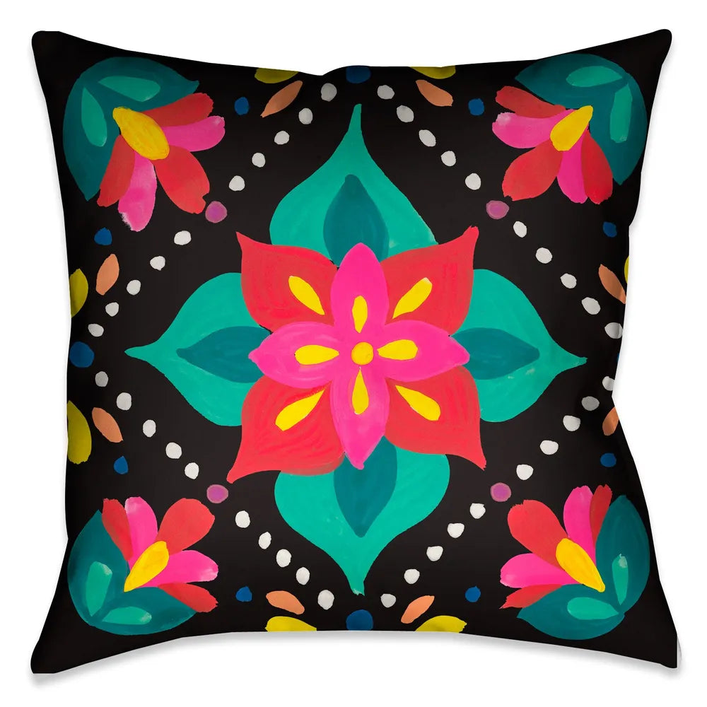 This beautiful modern folk-art inspired decorative pillow, features pops of vibrant colorful flowers against a black background.