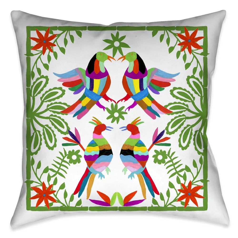 This beautiful contemporary folk-art inspired decorative pillow, celebrates inspired motifs from the Otomi region of Mexico. The pops of color in the floral and animal imagery against the white background enhances the festive traditional aesthetic and vibrancy of these culturally inspired motif,