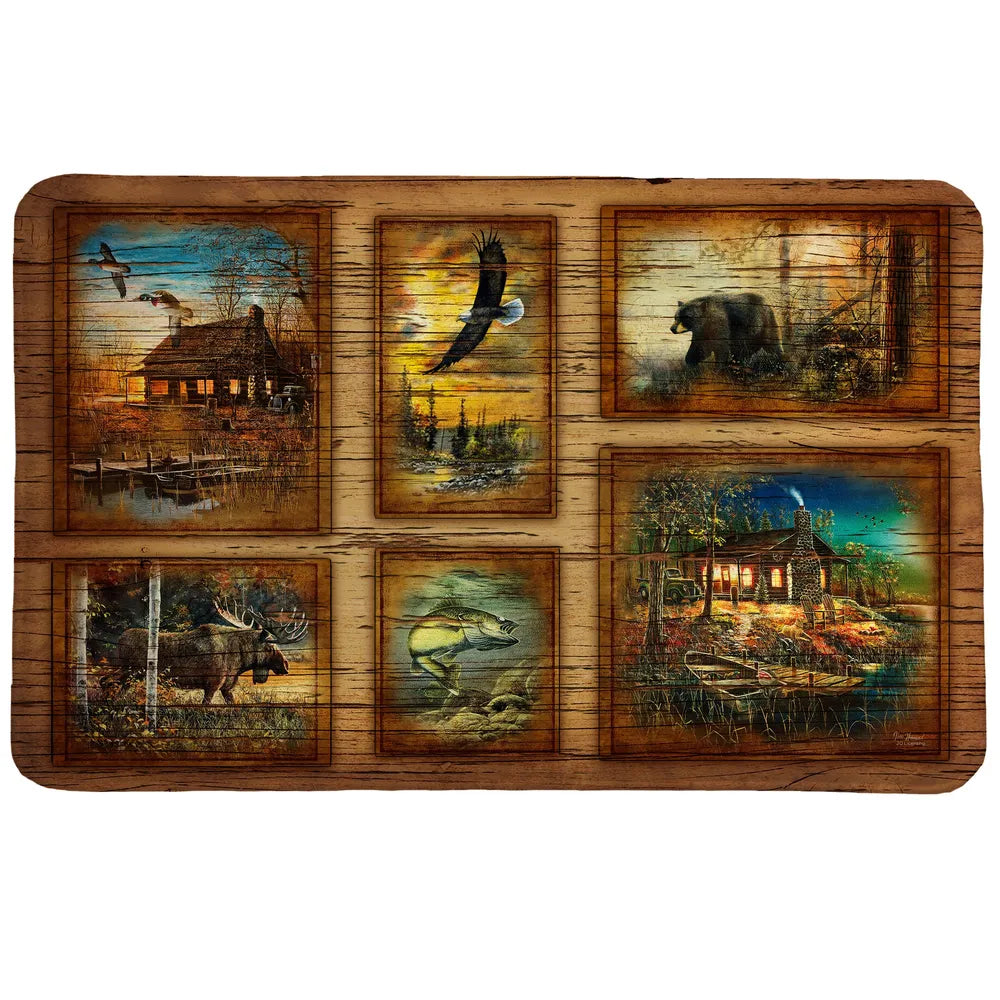 Forest Collage Memory Foam Rug features a fun collage of rustic outdoor imagery.