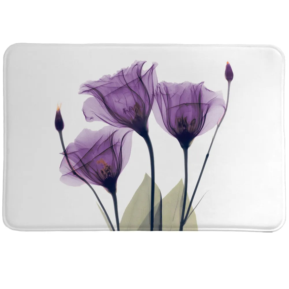 Gentian Hope Memory Foam Rug features a calming, beautiful floral image made with a special technique using an x-ray machine and a cluster of flowers.